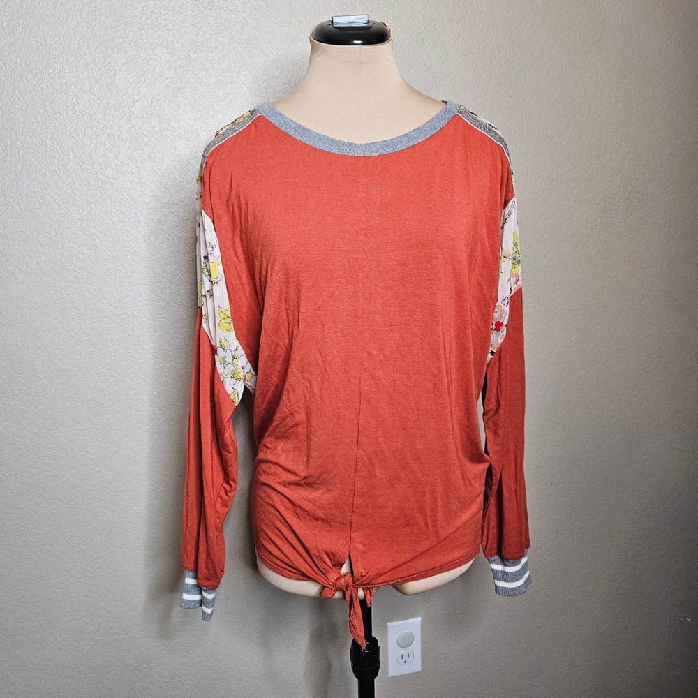 TINY Rust Orange Mixed‎ Media Floral Butterfly Tie Front Top Small Metallic Trim